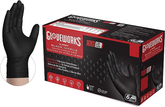 GLOVEWORKS HD Black Nitrile Industrial Disposable Gloves - Medium & Large for case of 10. 1000 total